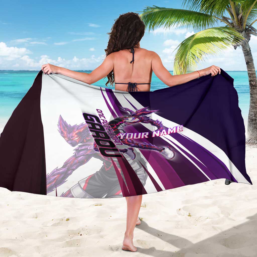 Personalized Garou Monster Volleyball Design Sarong with Dynamic Pose, Purple and White Diagonal Stripes Featuring One Punch Man Anime Theme