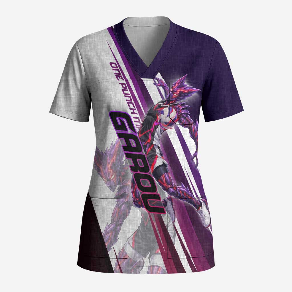 Personalized Garou Monster Volleyball Design Scrub Top with Dynamic Pose, Purple and White Diagonal Stripes Featuring One Punch Man Anime Theme