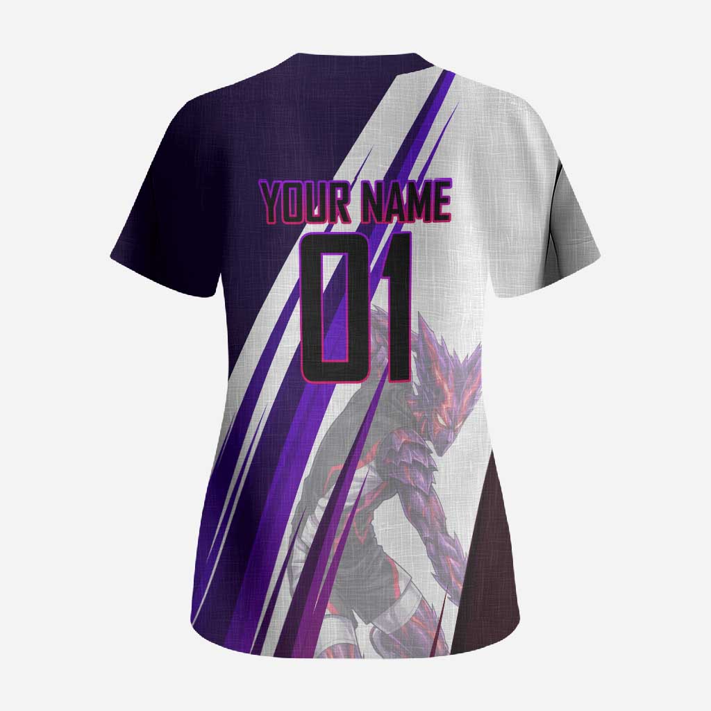Personalized Garou Monster Volleyball Design Scrub Top with Dynamic Pose, Purple and White Diagonal Stripes Featuring One Punch Man Anime Theme