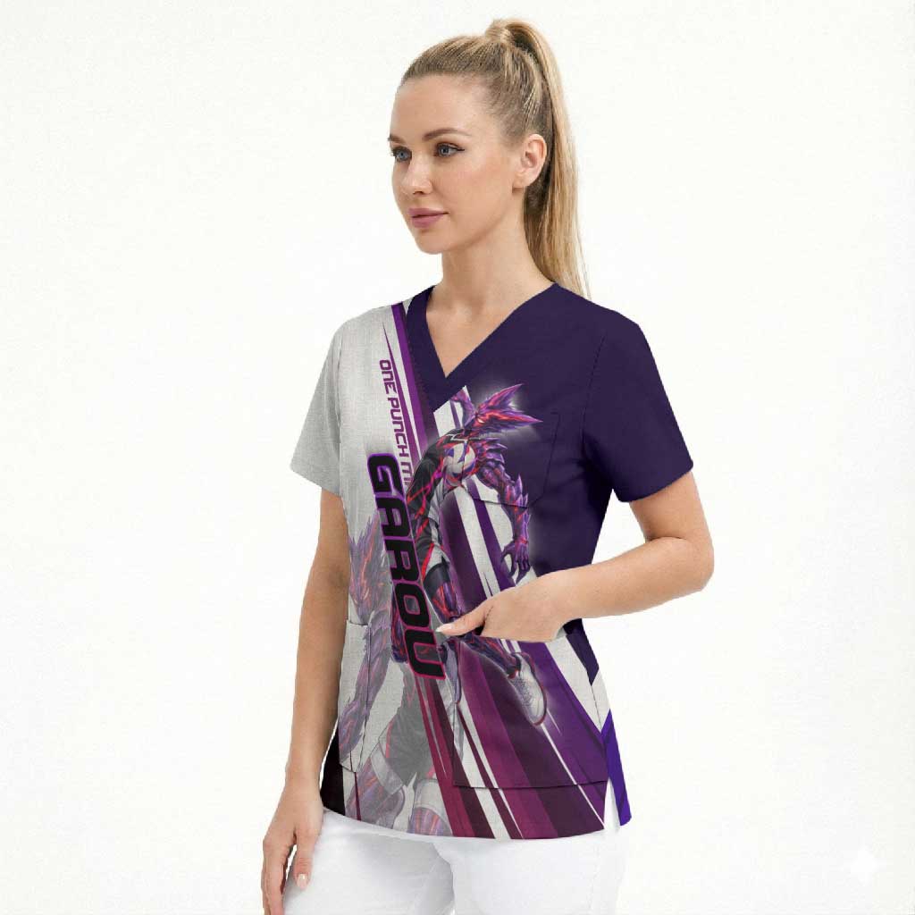 Personalized Garou Monster Volleyball Design Scrub Top with Dynamic Pose, Purple and White Diagonal Stripes Featuring One Punch Man Anime Theme