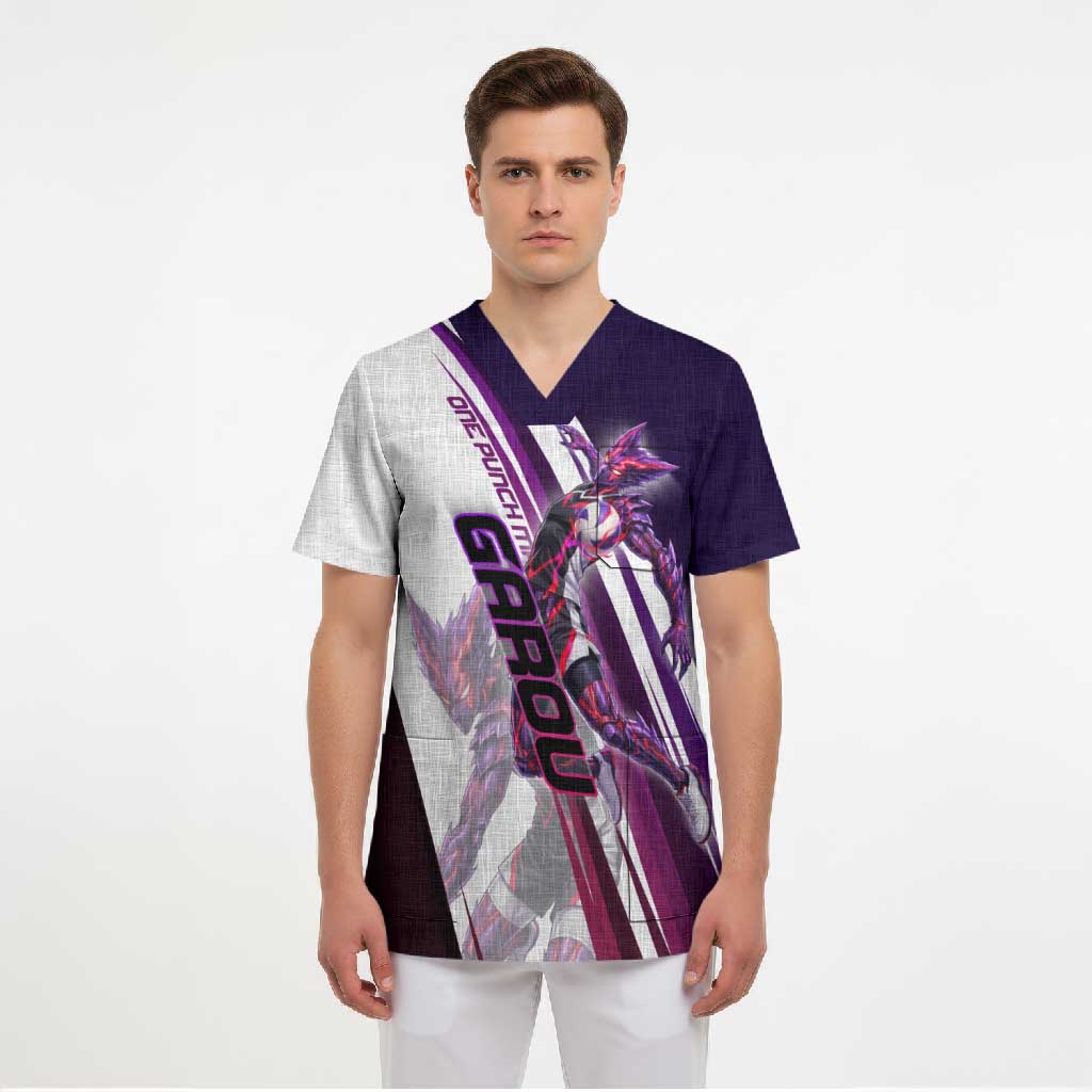 Personalized Garou Monster Volleyball Design Scrub Top with Dynamic Pose, Purple and White Diagonal Stripes Featuring One Punch Man Anime Theme
