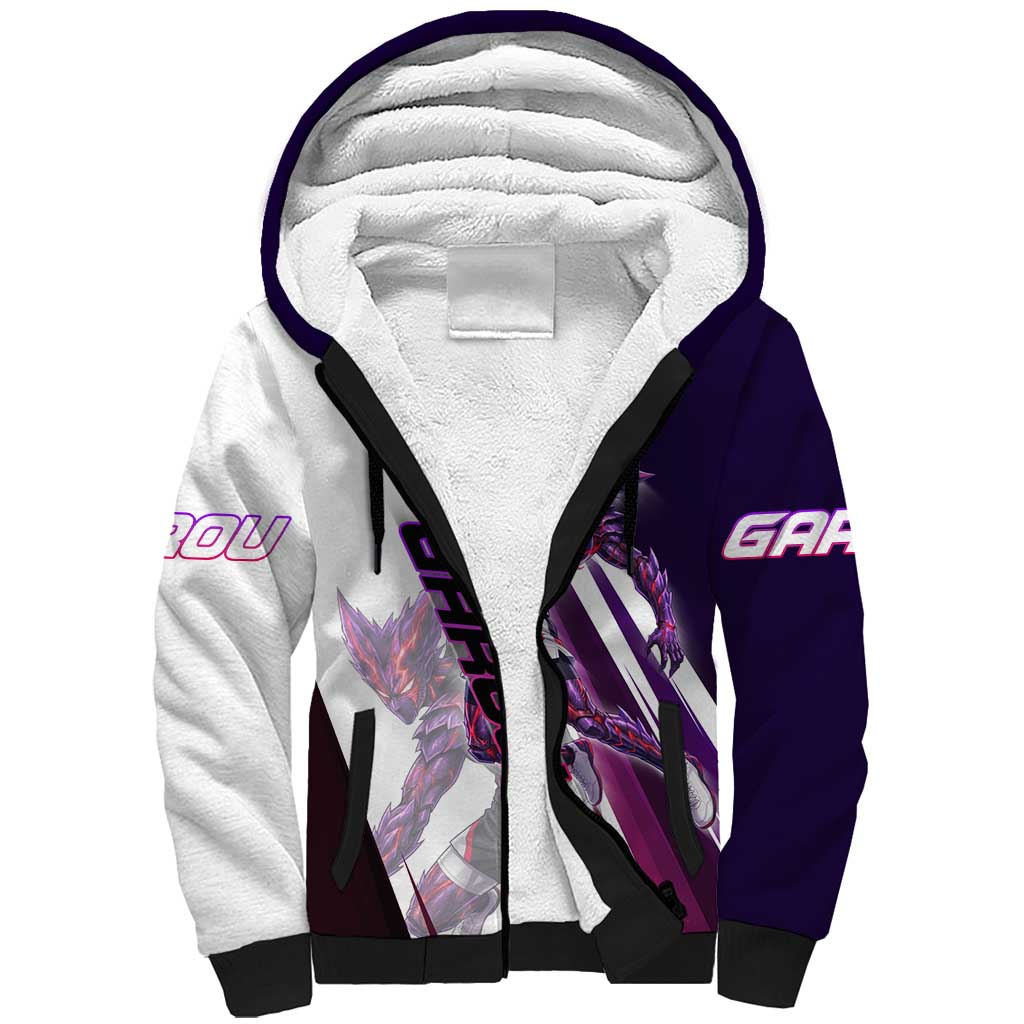 Personalized Garou Monster Volleyball Design Sherpa Hoodie with Dynamic Pose, Purple and White Diagonal Stripes Featuring One Punch Man Anime Theme
