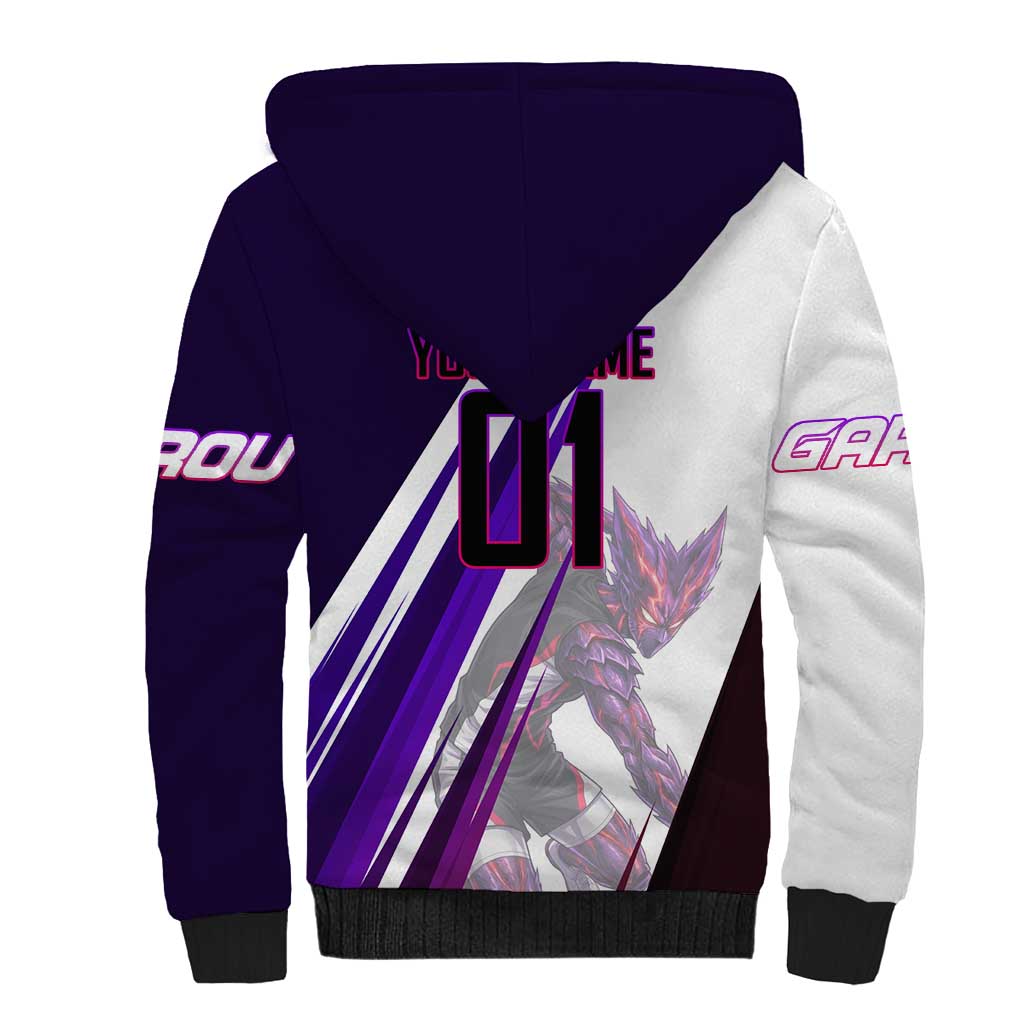 Personalized Garou Monster Volleyball Design Sherpa Hoodie with Dynamic Pose, Purple and White Diagonal Stripes Featuring One Punch Man Anime Theme