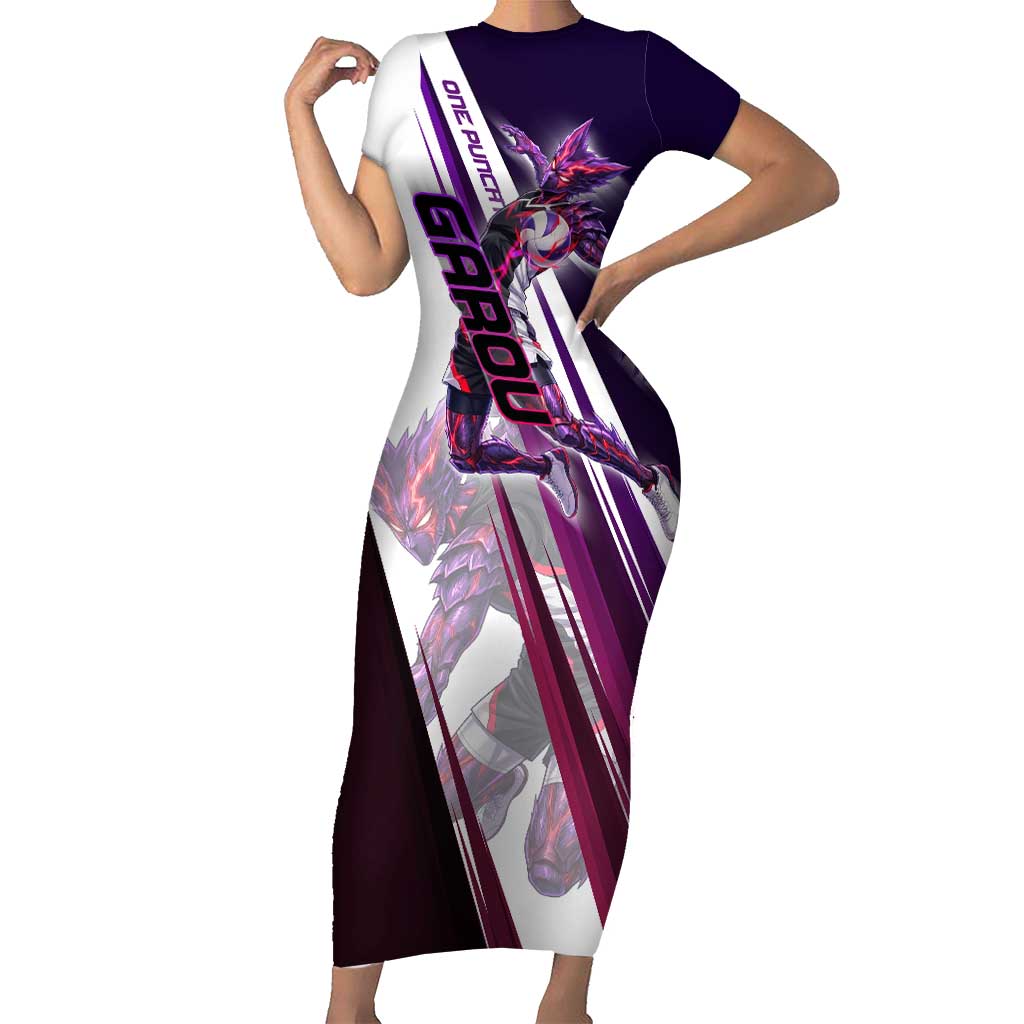 Personalized Garou Monster Volleyball Design Short Sleeve Bodycon Dress with Dynamic Pose, Purple and White Diagonal Stripes Featuring One Punch Man Anime Theme