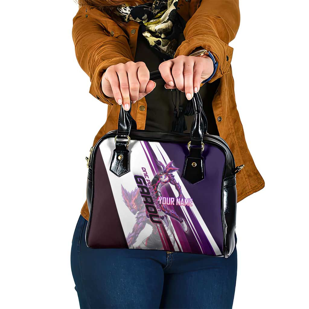 Personalized Garou Monster Volleyball Design Shoulder Handbag with Dynamic Pose, Purple and White Diagonal Stripes Featuring One Punch Man Anime Theme