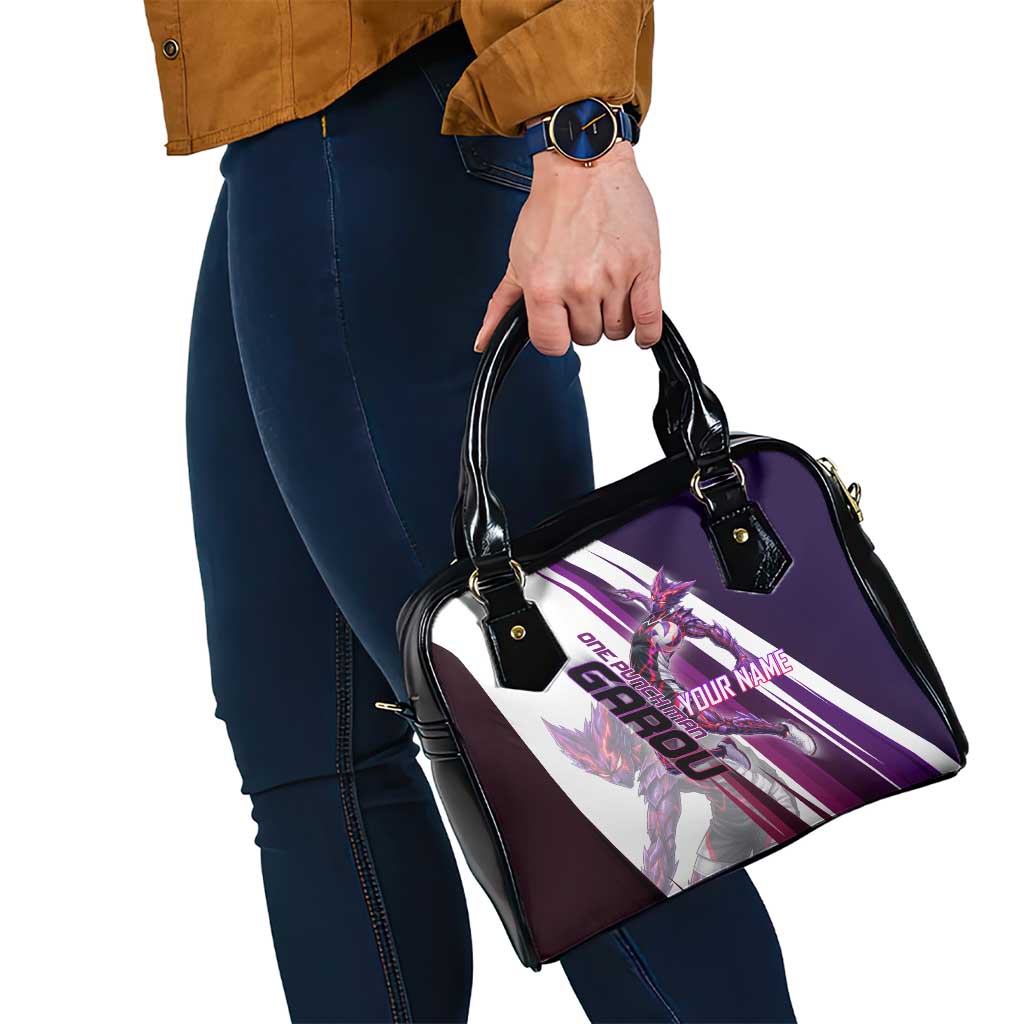 Personalized Garou Monster Volleyball Design Shoulder Handbag with Dynamic Pose, Purple and White Diagonal Stripes Featuring One Punch Man Anime Theme