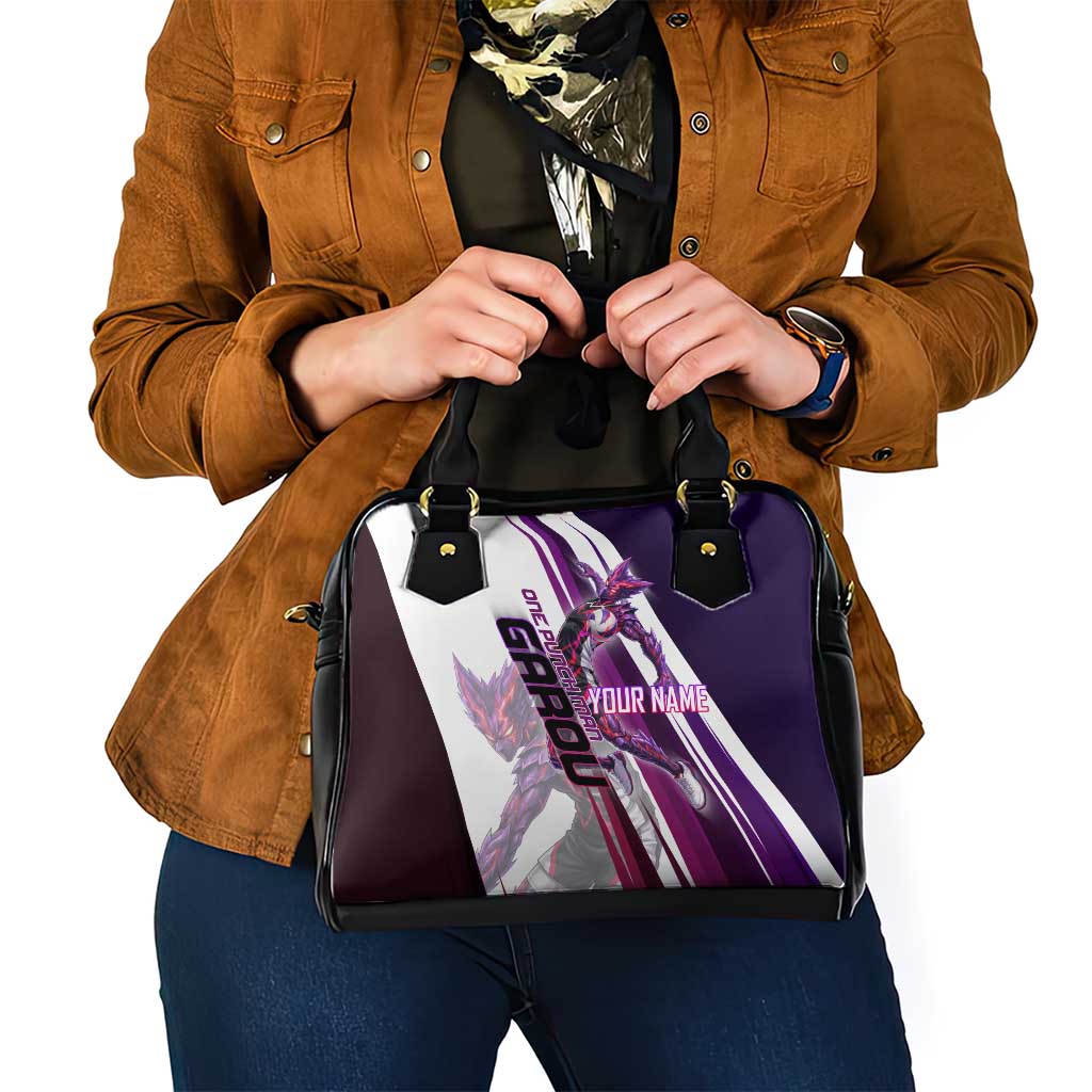 Personalized Garou Monster Volleyball Design Shoulder Handbag with Dynamic Pose, Purple and White Diagonal Stripes Featuring One Punch Man Anime Theme