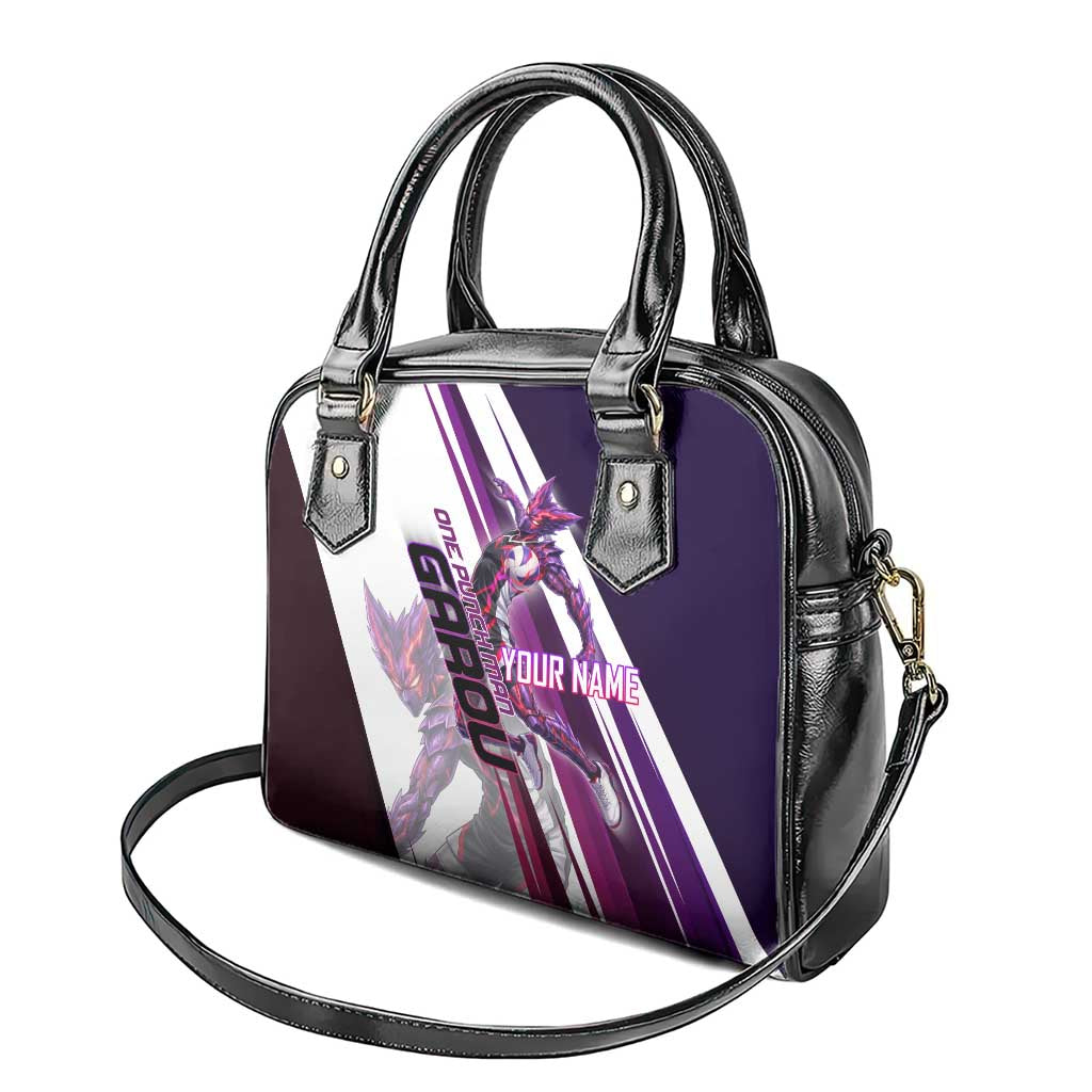 Personalized Garou Monster Volleyball Design Shoulder Handbag with Dynamic Pose, Purple and White Diagonal Stripes Featuring One Punch Man Anime Theme