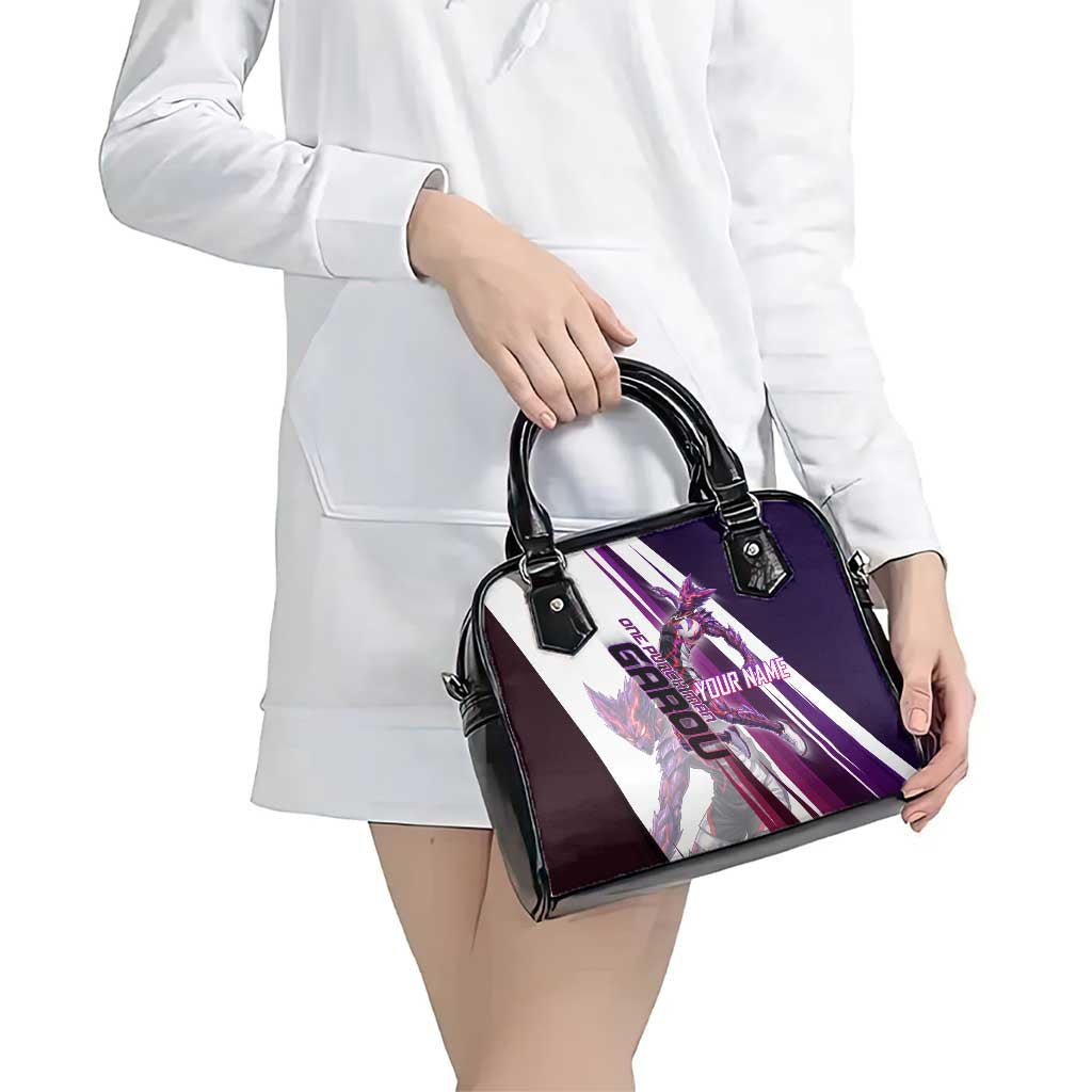 Personalized Garou Monster Volleyball Design Shoulder Handbag with Dynamic Pose, Purple and White Diagonal Stripes Featuring One Punch Man Anime Theme
