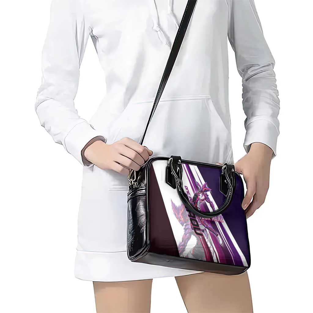 Personalized Garou Monster Volleyball Design Shoulder Handbag with Dynamic Pose, Purple and White Diagonal Stripes Featuring One Punch Man Anime Theme