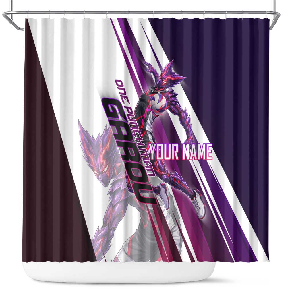 Personalized Garou Monster Volleyball Design Shower Curtain with Dynamic Pose, Purple and White Diagonal Stripes Featuring One Punch Man Anime Theme