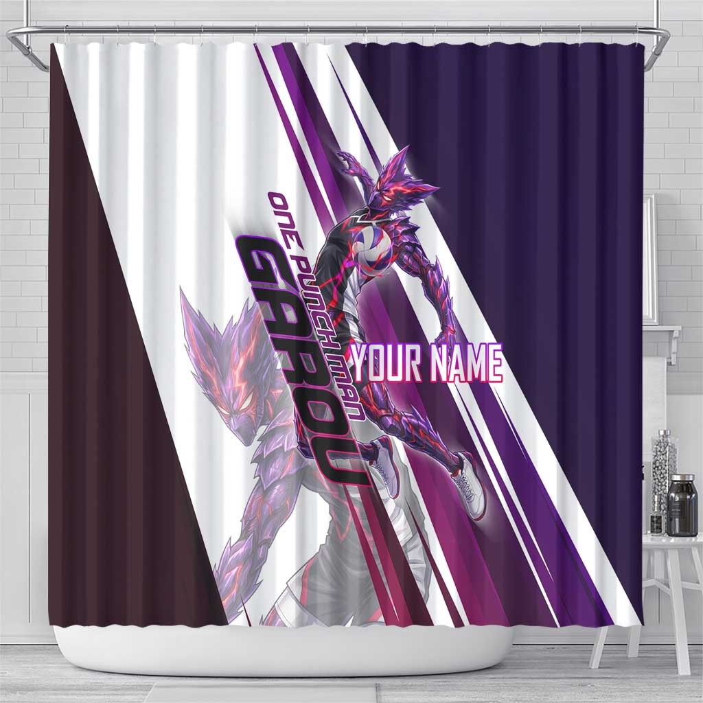 Personalized Garou Monster Volleyball Design Shower Curtain with Dynamic Pose, Purple and White Diagonal Stripes Featuring One Punch Man Anime Theme