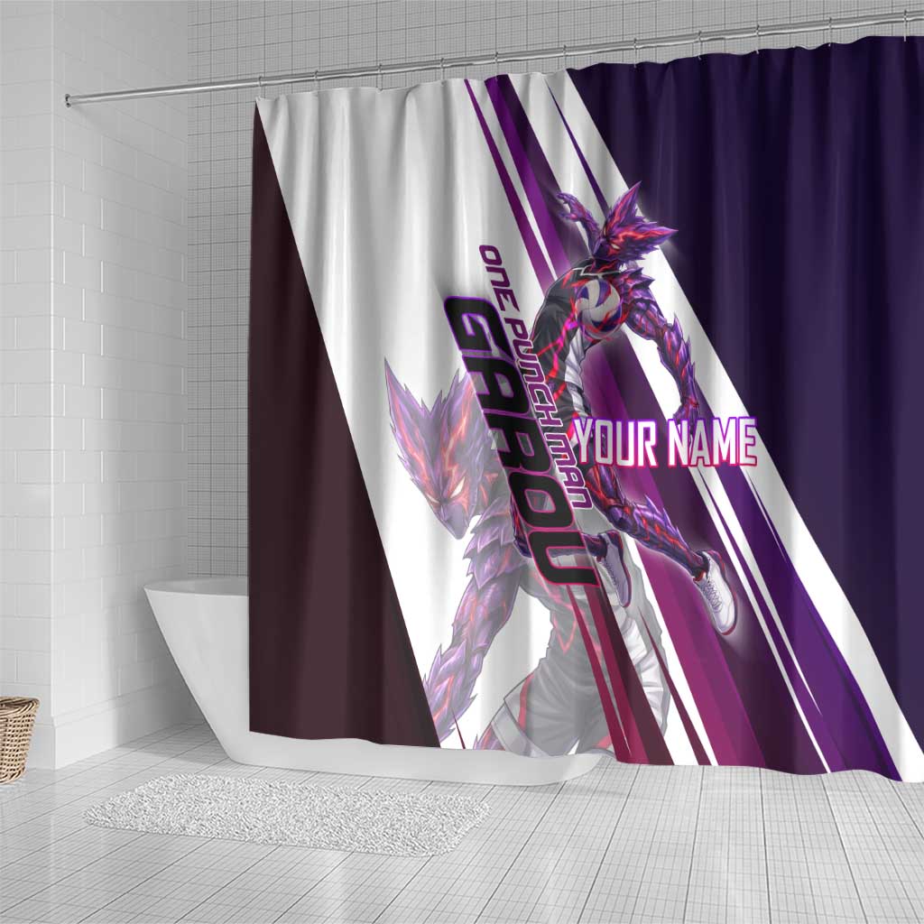 Personalized Garou Monster Volleyball Design Shower Curtain with Dynamic Pose, Purple and White Diagonal Stripes Featuring One Punch Man Anime Theme