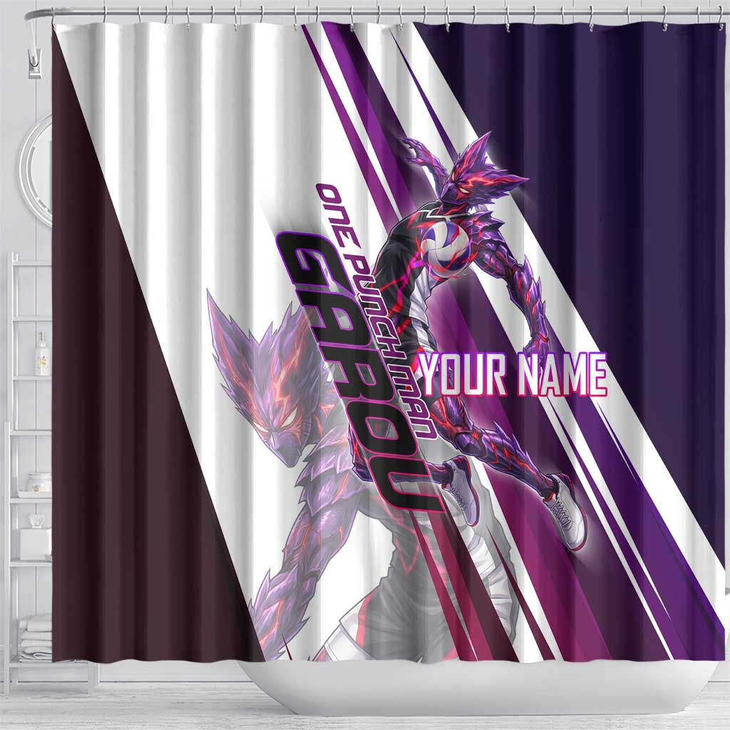Personalized Garou Monster Volleyball Design Shower Curtain with Dynamic Pose, Purple and White Diagonal Stripes Featuring One Punch Man Anime Theme