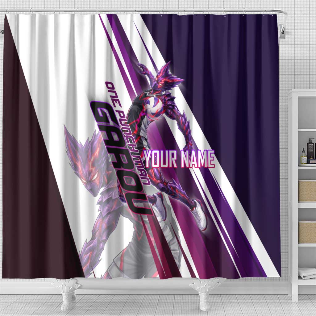 Personalized Garou Monster Volleyball Design Shower Curtain with Dynamic Pose, Purple and White Diagonal Stripes Featuring One Punch Man Anime Theme