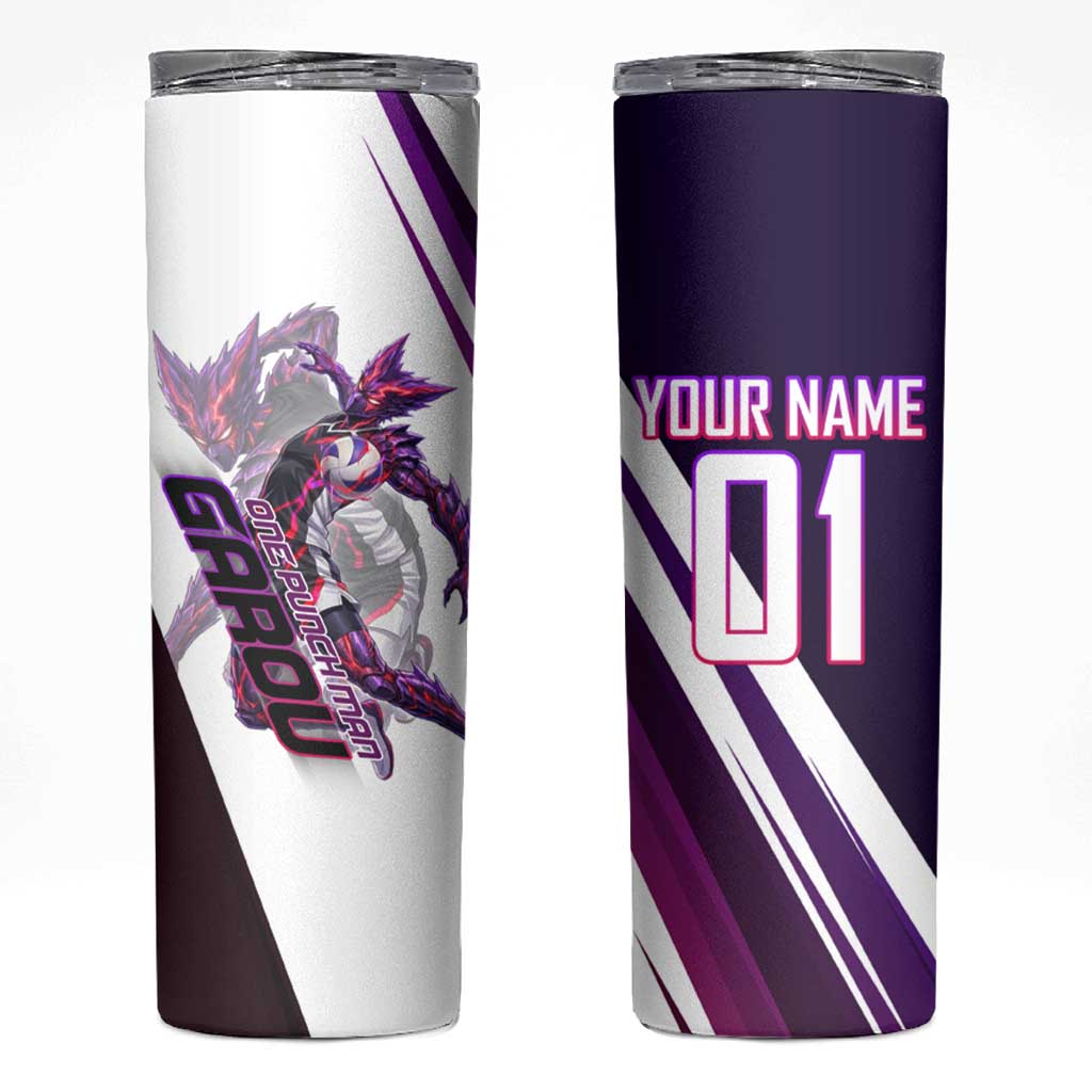 Personalized Garou Monster Volleyball Design Skinny Tumbler with Dynamic Pose, Purple and White Diagonal Stripes Featuring One Punch Man Anime Theme