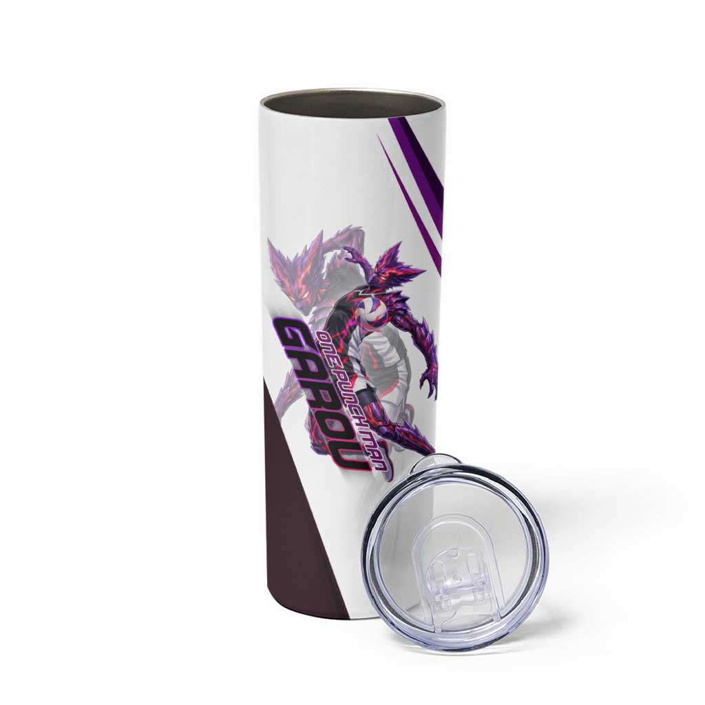 Personalized Garou Monster Volleyball Design Skinny Tumbler with Dynamic Pose, Purple and White Diagonal Stripes Featuring One Punch Man Anime Theme