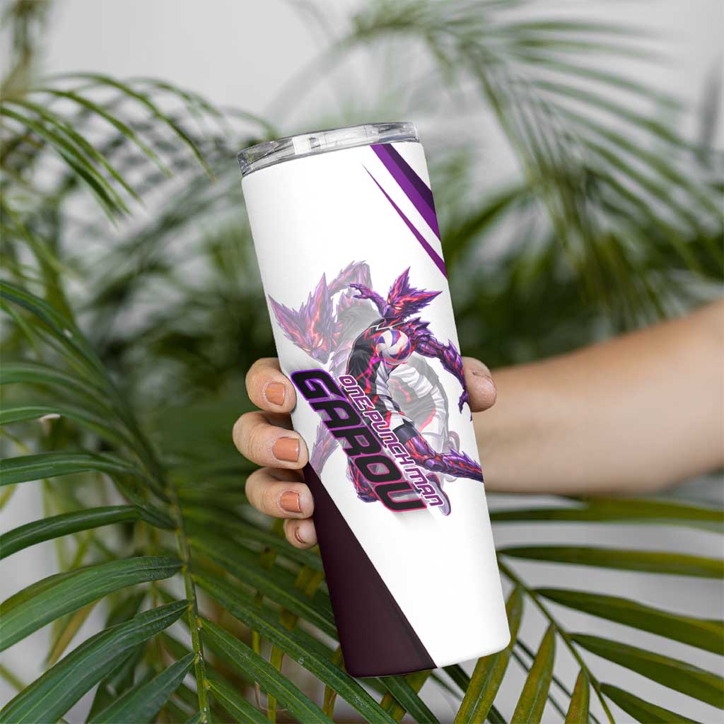 Personalized Garou Monster Volleyball Design Skinny Tumbler with Dynamic Pose, Purple and White Diagonal Stripes Featuring One Punch Man Anime Theme