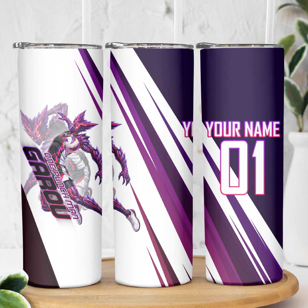 Personalized Garou Monster Volleyball Design Skinny Tumbler with Dynamic Pose, Purple and White Diagonal Stripes Featuring One Punch Man Anime Theme