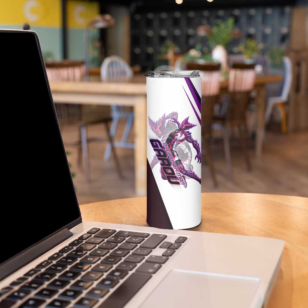 Personalized Garou Monster Volleyball Design Skinny Tumbler with Dynamic Pose, Purple and White Diagonal Stripes Featuring One Punch Man Anime Theme