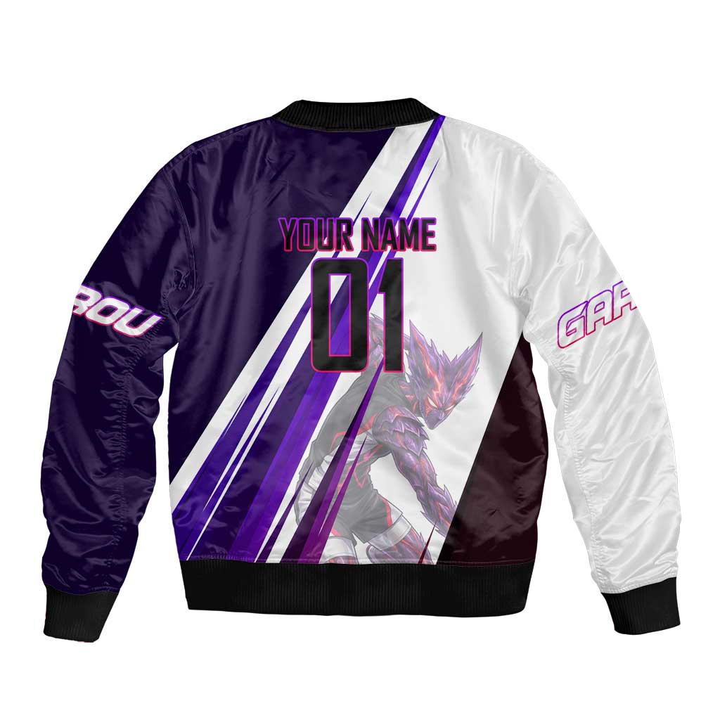 Personalized Garou Monster Volleyball Design Sleeve Zip Bomber Jacket with Dynamic Pose, Purple and White Diagonal Stripes Featuring One Punch Man Anime Theme