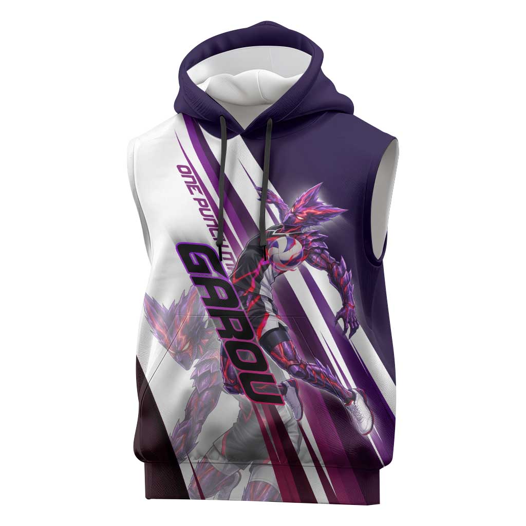 Personalized Garou Monster Volleyball Design Sleeveless Hoodie with Dynamic Pose, Purple and White Diagonal Stripes Featuring One Punch Man Anime Theme