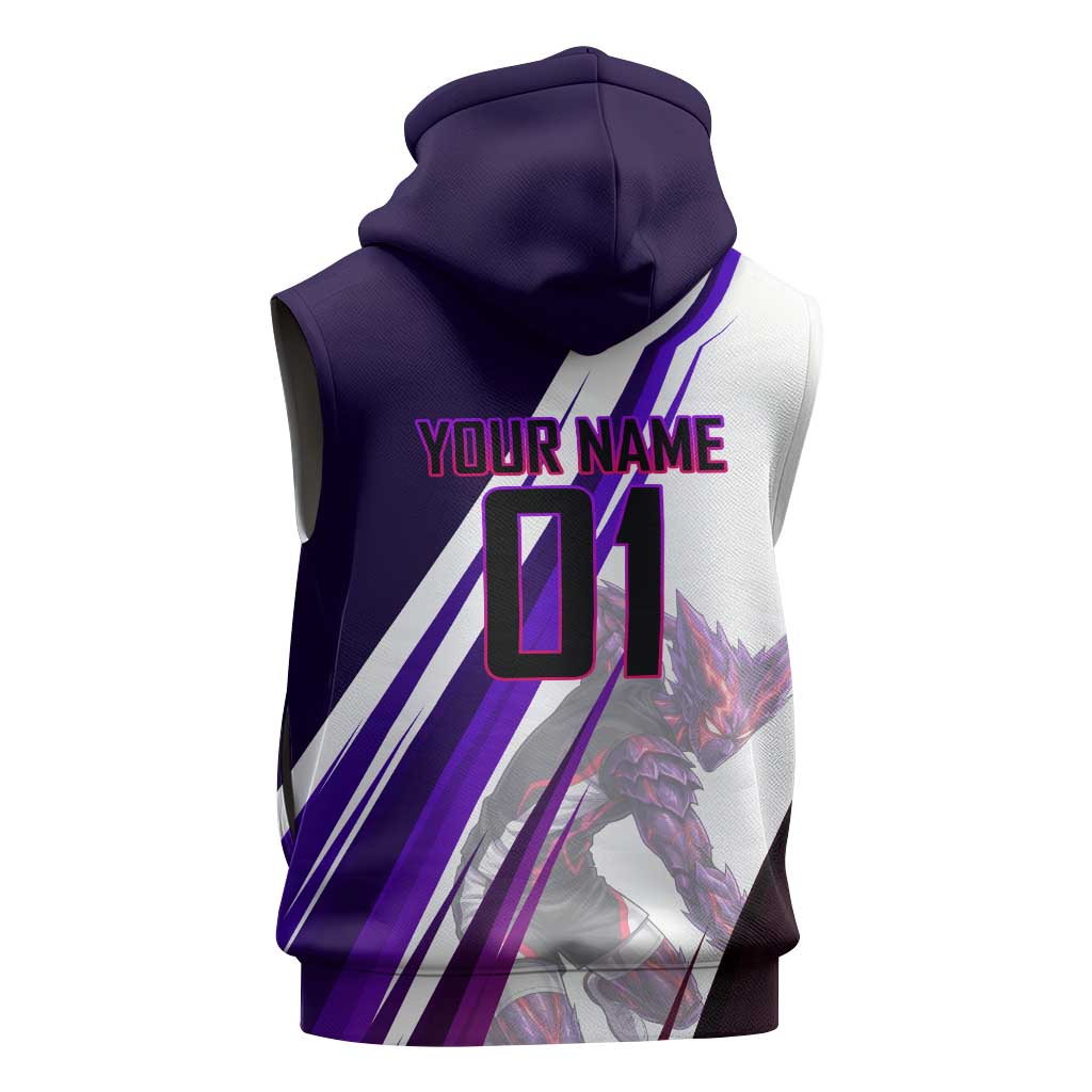 Personalized Garou Monster Volleyball Design Sleeveless Hoodie with Dynamic Pose, Purple and White Diagonal Stripes Featuring One Punch Man Anime Theme