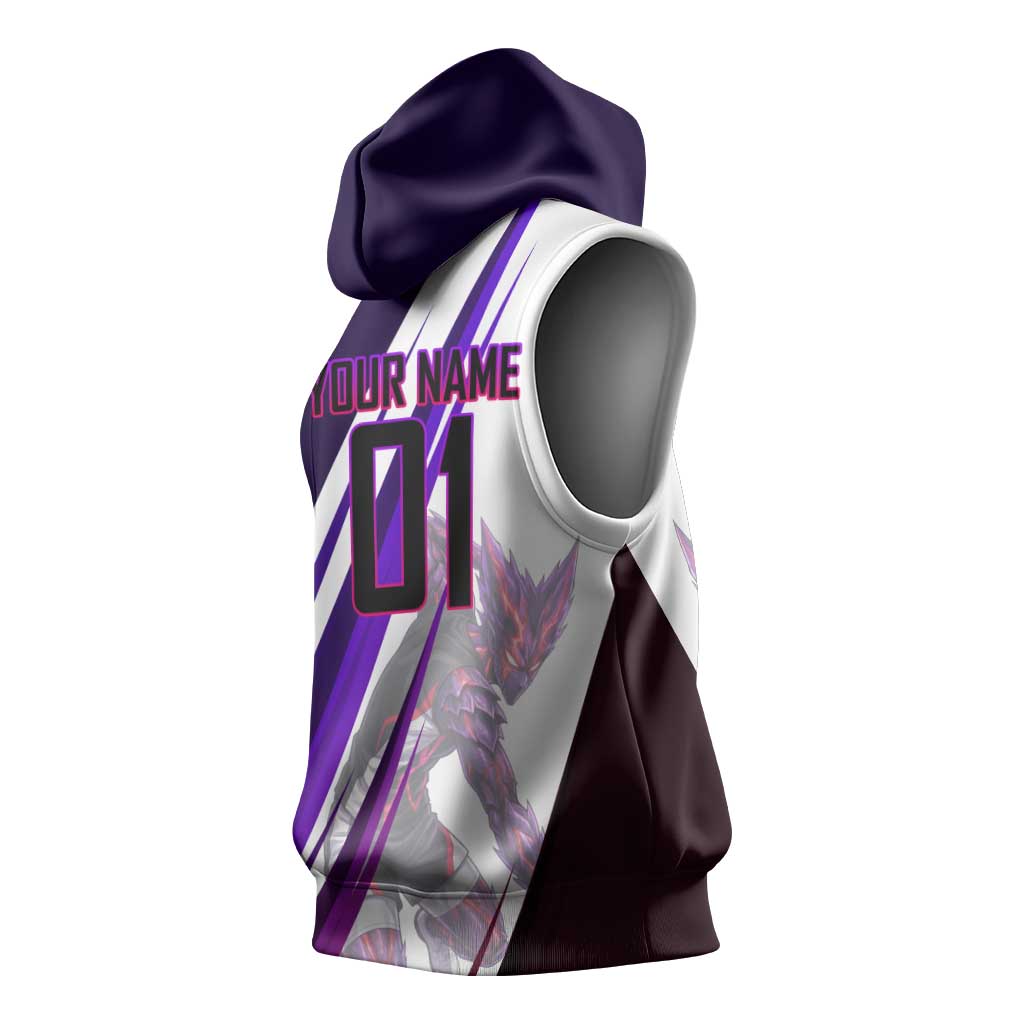 Personalized Garou Monster Volleyball Design Sleeveless Hoodie with Dynamic Pose, Purple and White Diagonal Stripes Featuring One Punch Man Anime Theme