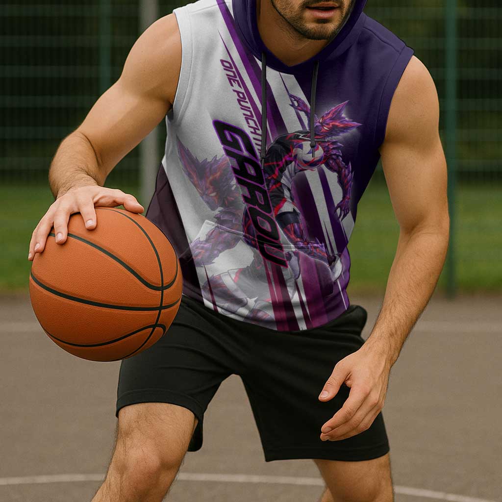 Personalized Garou Monster Volleyball Design Sleeveless Hoodie with Dynamic Pose, Purple and White Diagonal Stripes Featuring One Punch Man Anime Theme