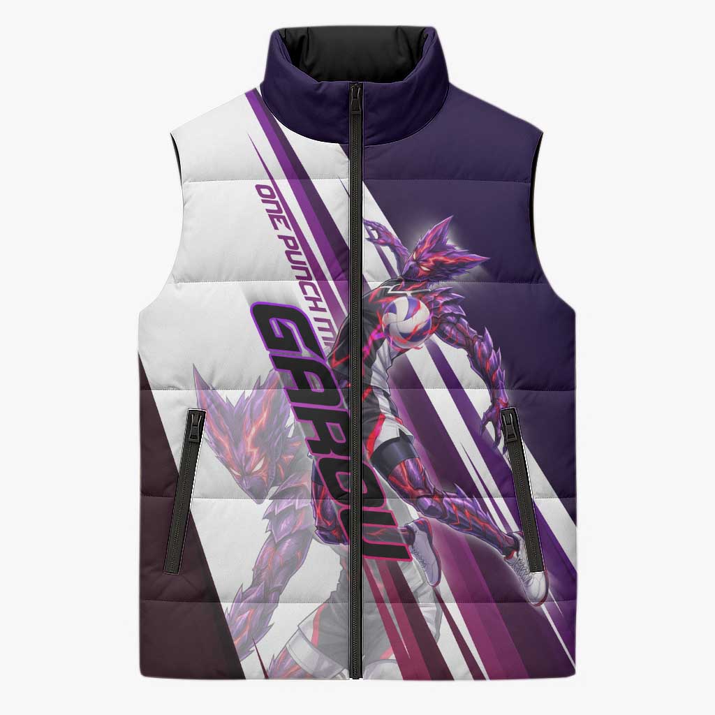 Personalized Garou Monster Volleyball Design Sleeveless Puffer Jacket with Dynamic Pose, Purple and White Diagonal Stripes Featuring One Punch Man Anime Theme