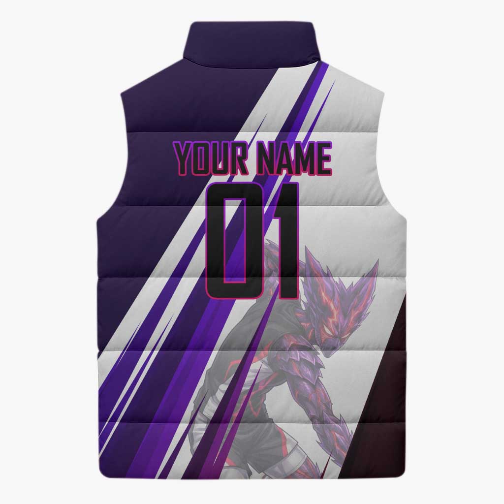 Personalized Garou Monster Volleyball Design Sleeveless Puffer Jacket with Dynamic Pose, Purple and White Diagonal Stripes Featuring One Punch Man Anime Theme