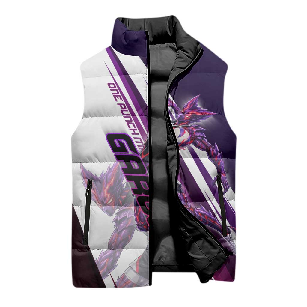 Personalized Garou Monster Volleyball Design Sleeveless Puffer Jacket with Dynamic Pose, Purple and White Diagonal Stripes Featuring One Punch Man Anime Theme