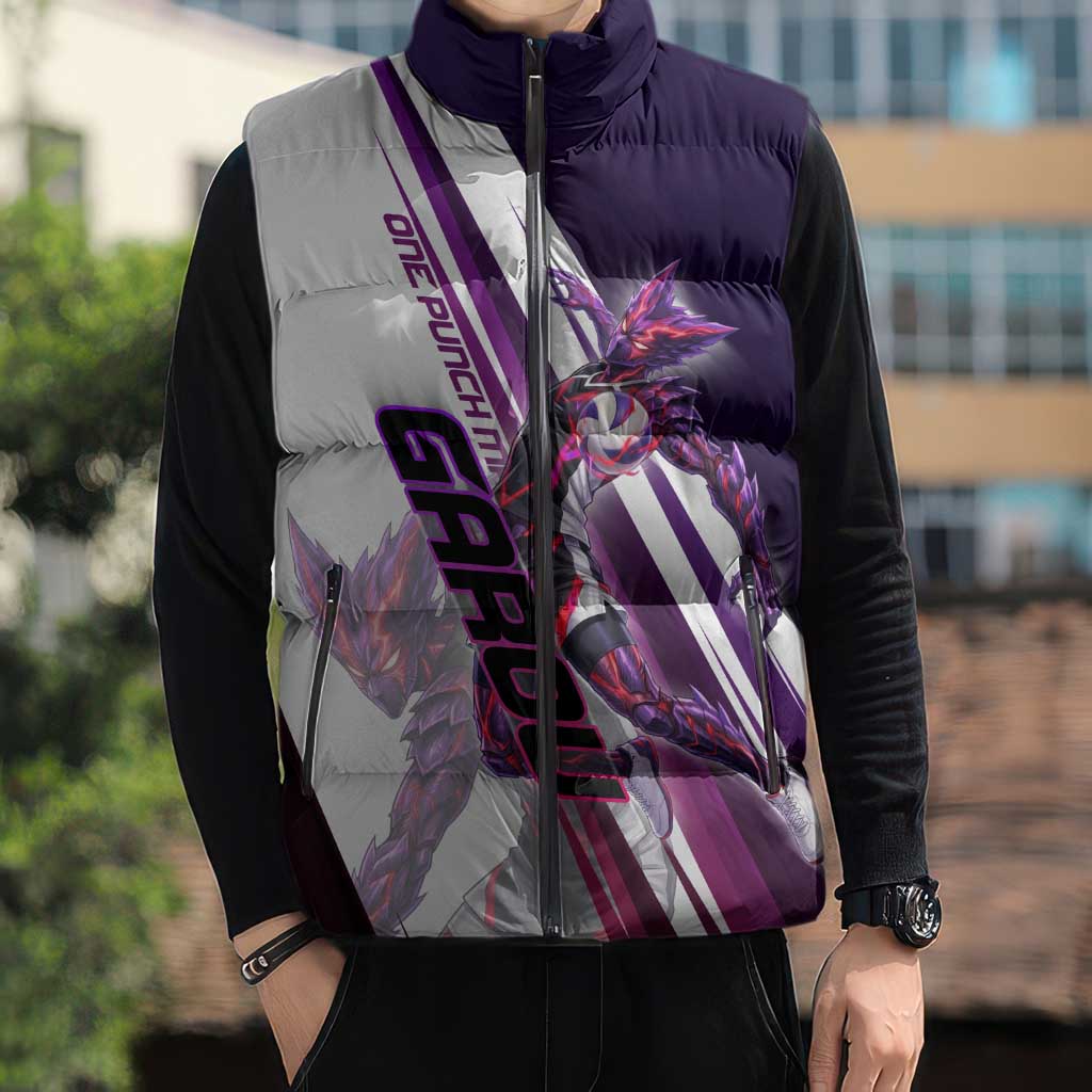 Personalized Garou Monster Volleyball Design Sleeveless Puffer Jacket with Dynamic Pose, Purple and White Diagonal Stripes Featuring One Punch Man Anime Theme