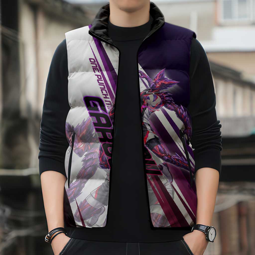 Personalized Garou Monster Volleyball Design Sleeveless Puffer Jacket with Dynamic Pose, Purple and White Diagonal Stripes Featuring One Punch Man Anime Theme