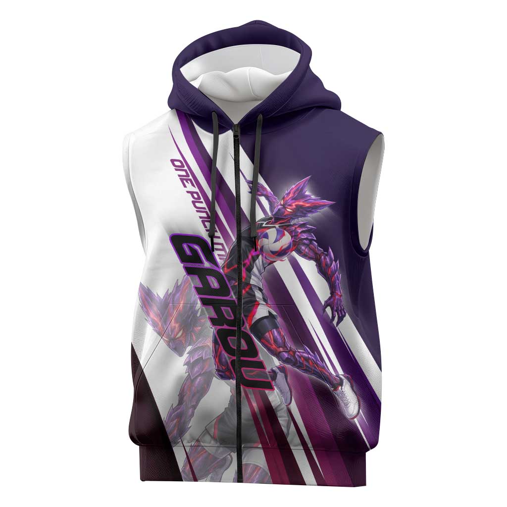 Personalized Garou Monster Volleyball Design Sleeveless Zip Hoodie with Dynamic Pose, Purple and White Diagonal Stripes Featuring One Punch Man Anime Theme