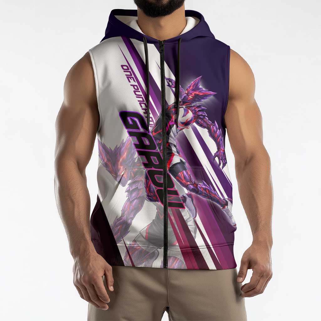 Personalized Garou Monster Volleyball Design Sleeveless Zip Hoodie with Dynamic Pose, Purple and White Diagonal Stripes Featuring One Punch Man Anime Theme
