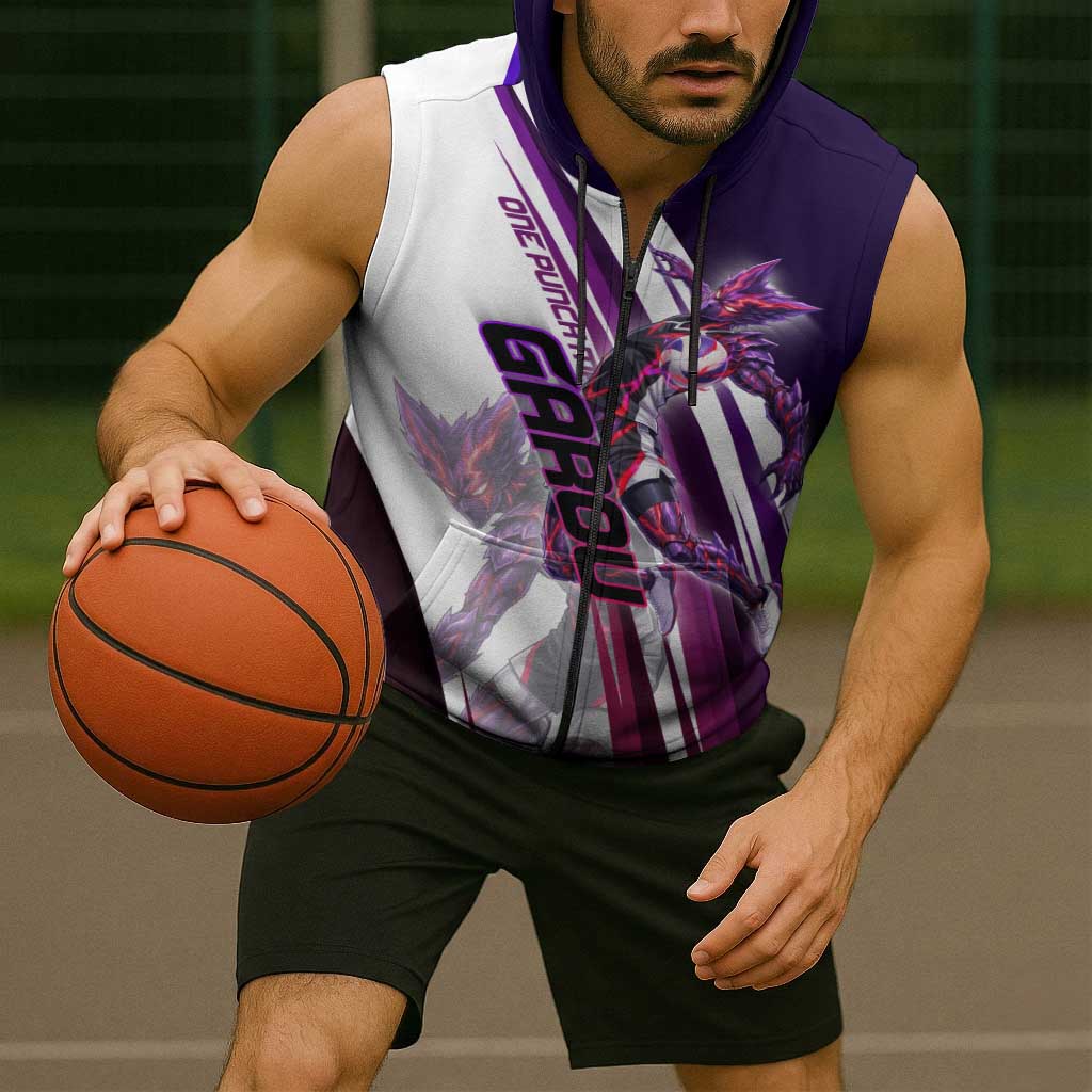 Personalized Garou Monster Volleyball Design Sleeveless Zip Hoodie with Dynamic Pose, Purple and White Diagonal Stripes Featuring One Punch Man Anime Theme