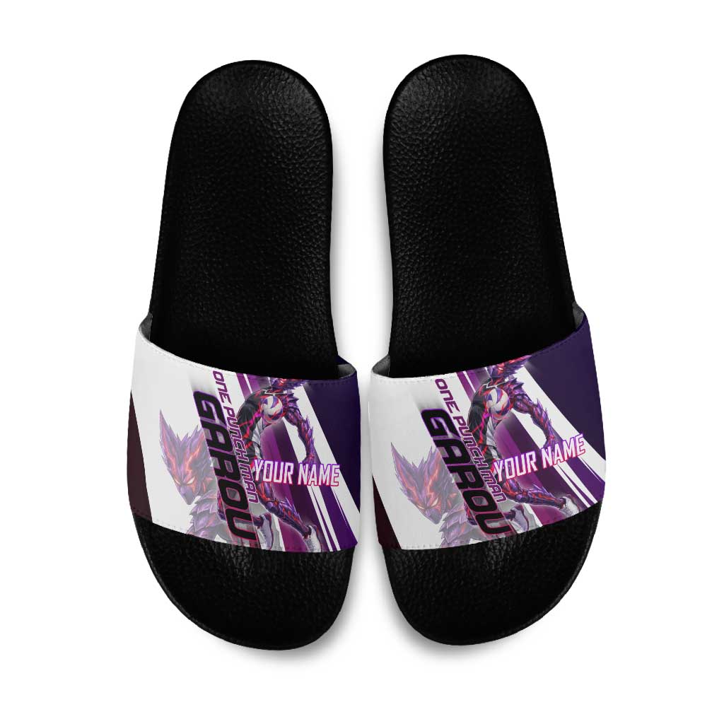 Personalized Garou Monster Volleyball Design Slide Sandals with Dynamic Pose, Purple and White Diagonal Stripes Featuring One Punch Man Anime Theme