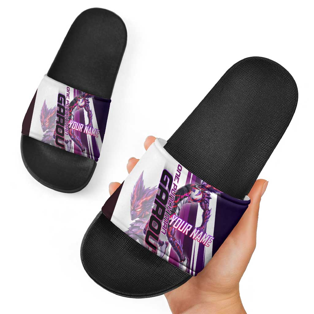 Personalized Garou Monster Volleyball Design Slide Sandals with Dynamic Pose, Purple and White Diagonal Stripes Featuring One Punch Man Anime Theme