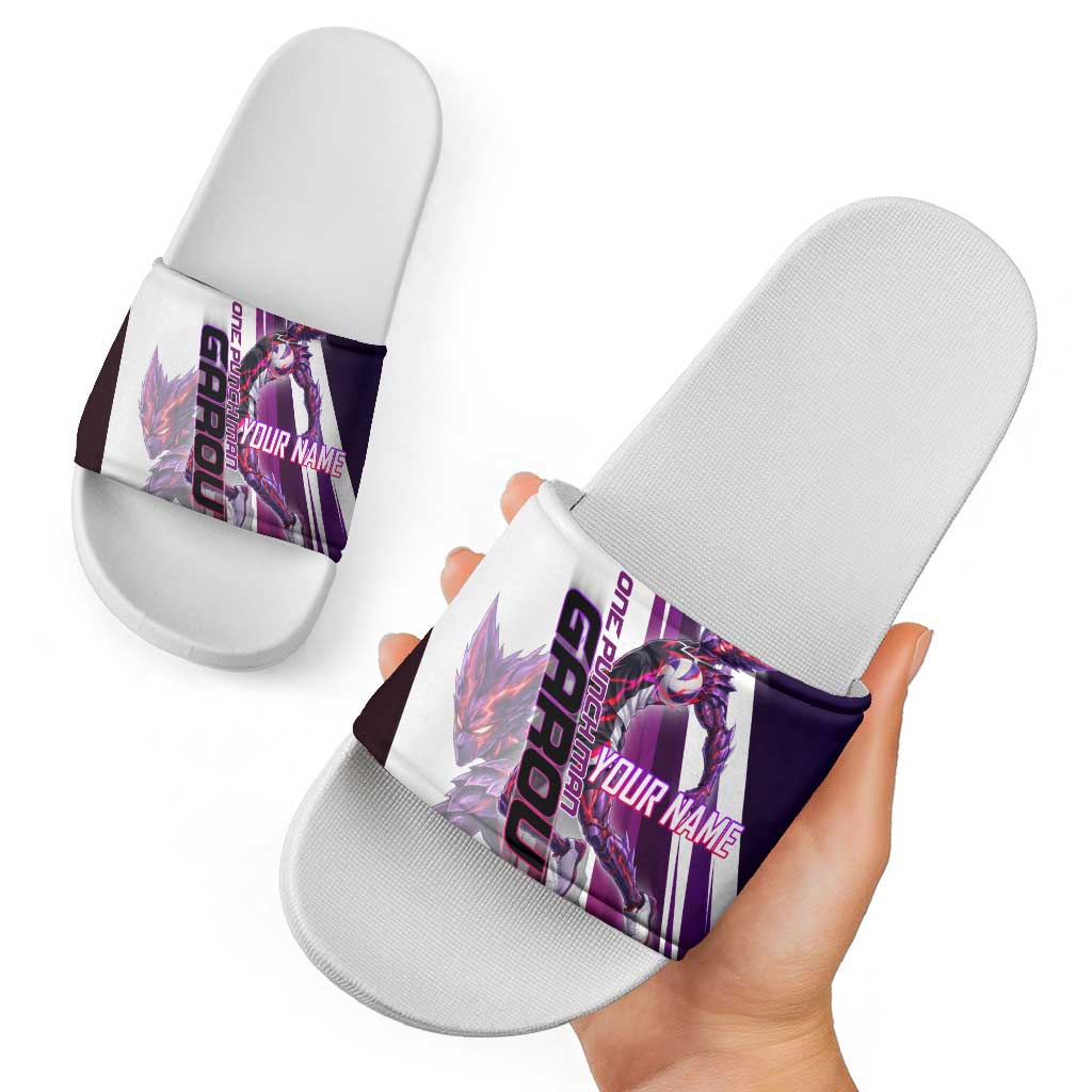 Personalized Garou Monster Volleyball Design Slide Sandals with Dynamic Pose, Purple and White Diagonal Stripes Featuring One Punch Man Anime Theme