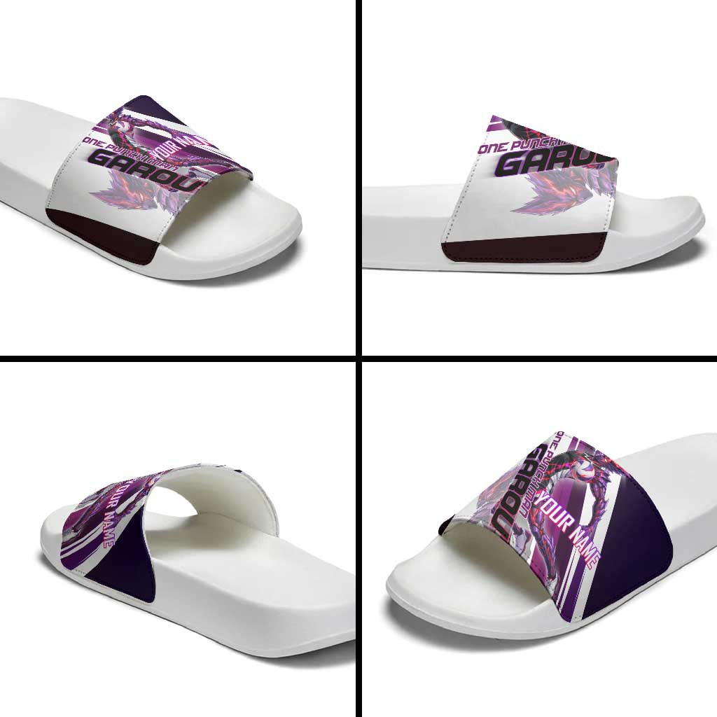Personalized Garou Monster Volleyball Design Slide Sandals with Dynamic Pose, Purple and White Diagonal Stripes Featuring One Punch Man Anime Theme