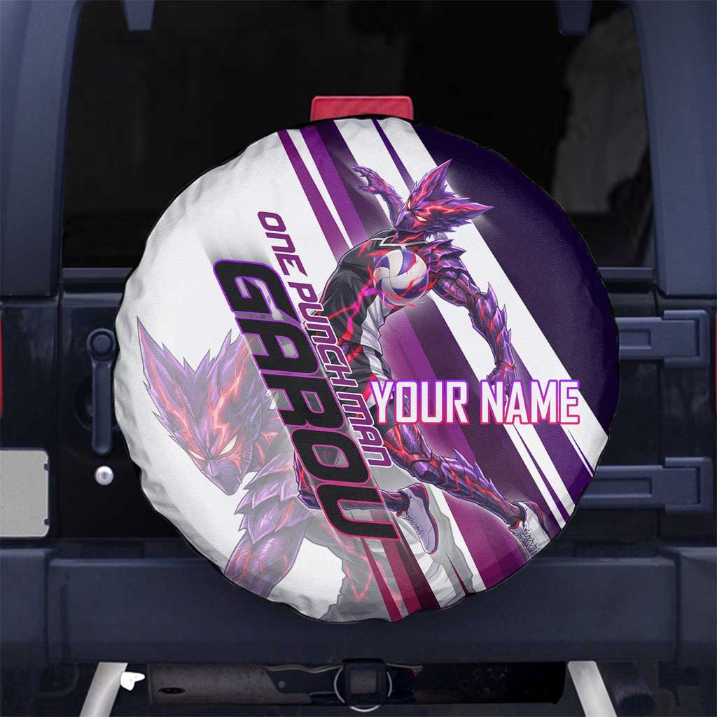 Personalized Garou Monster Volleyball Design Spare Tire Cover with Dynamic Pose, Purple and White Diagonal Stripes Featuring One Punch Man Anime Theme
