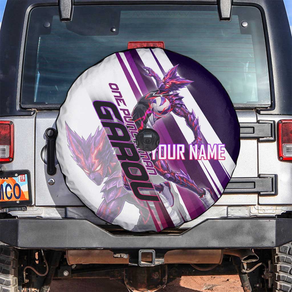 Personalized Garou Monster Volleyball Design Spare Tire Cover with Dynamic Pose, Purple and White Diagonal Stripes Featuring One Punch Man Anime Theme