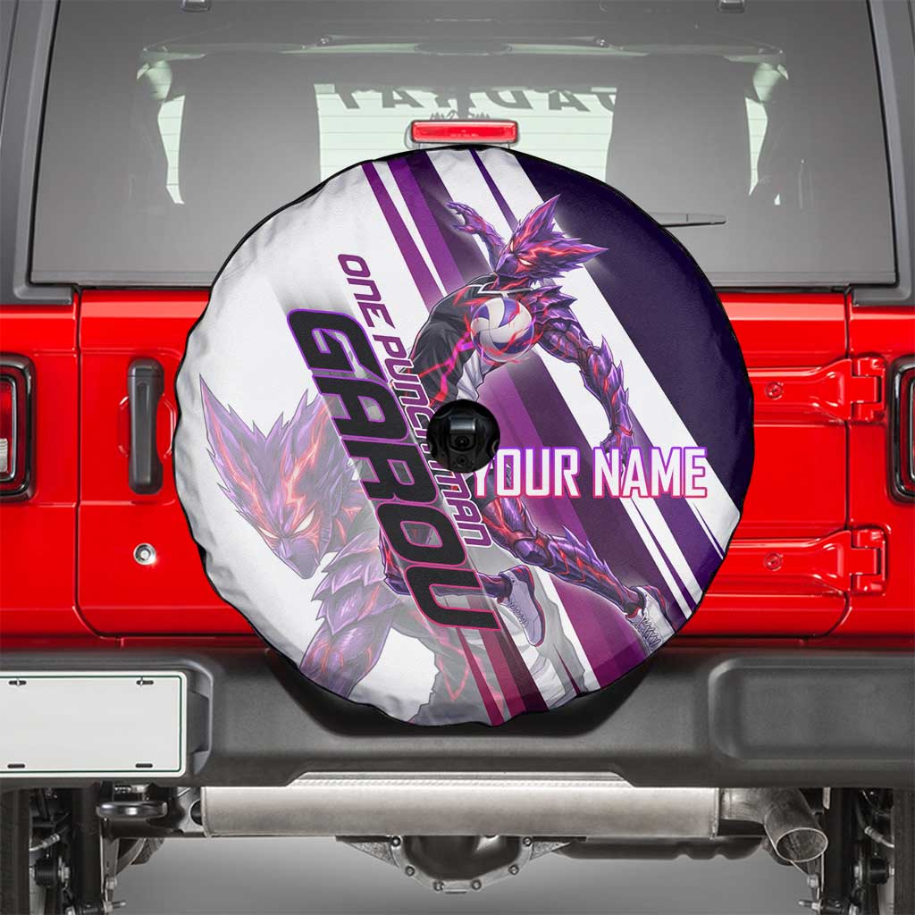 Personalized Garou Monster Volleyball Design Spare Tire Cover with Dynamic Pose, Purple and White Diagonal Stripes Featuring One Punch Man Anime Theme