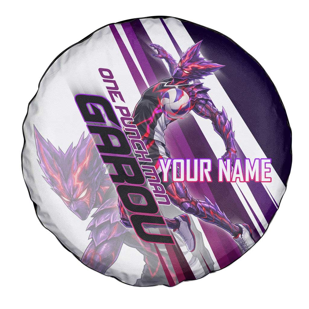 Personalized Garou Monster Volleyball Design Spare Tire Cover with Dynamic Pose, Purple and White Diagonal Stripes Featuring One Punch Man Anime Theme