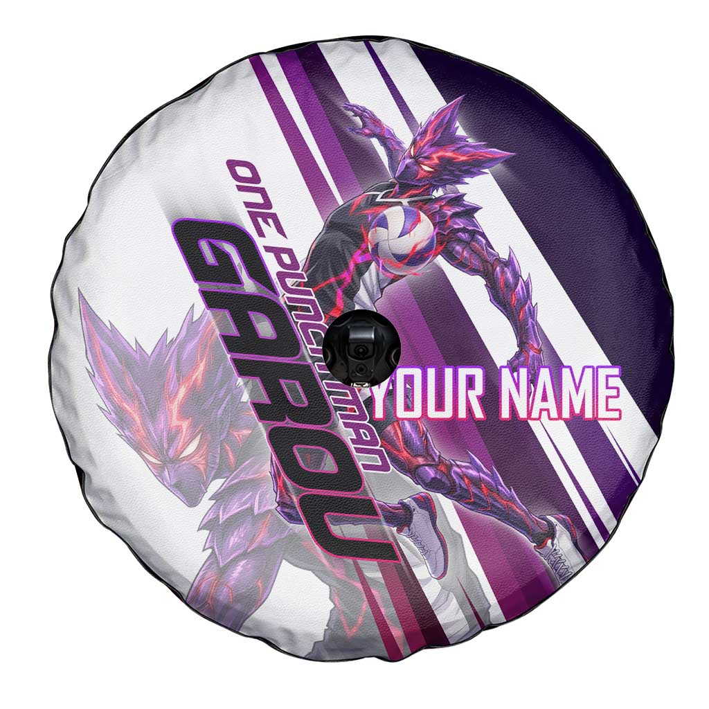 Personalized Garou Monster Volleyball Design Spare Tire Cover with Dynamic Pose, Purple and White Diagonal Stripes Featuring One Punch Man Anime Theme