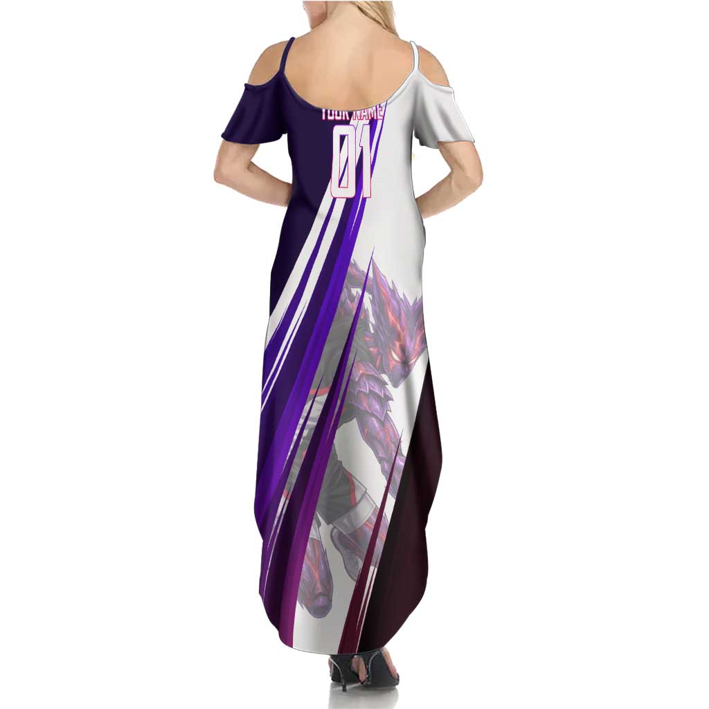 Personalized Garou Monster Volleyball Design Summer Maxi Dress with Dynamic Pose, Purple and White Diagonal Stripes Featuring One Punch Man Anime Theme