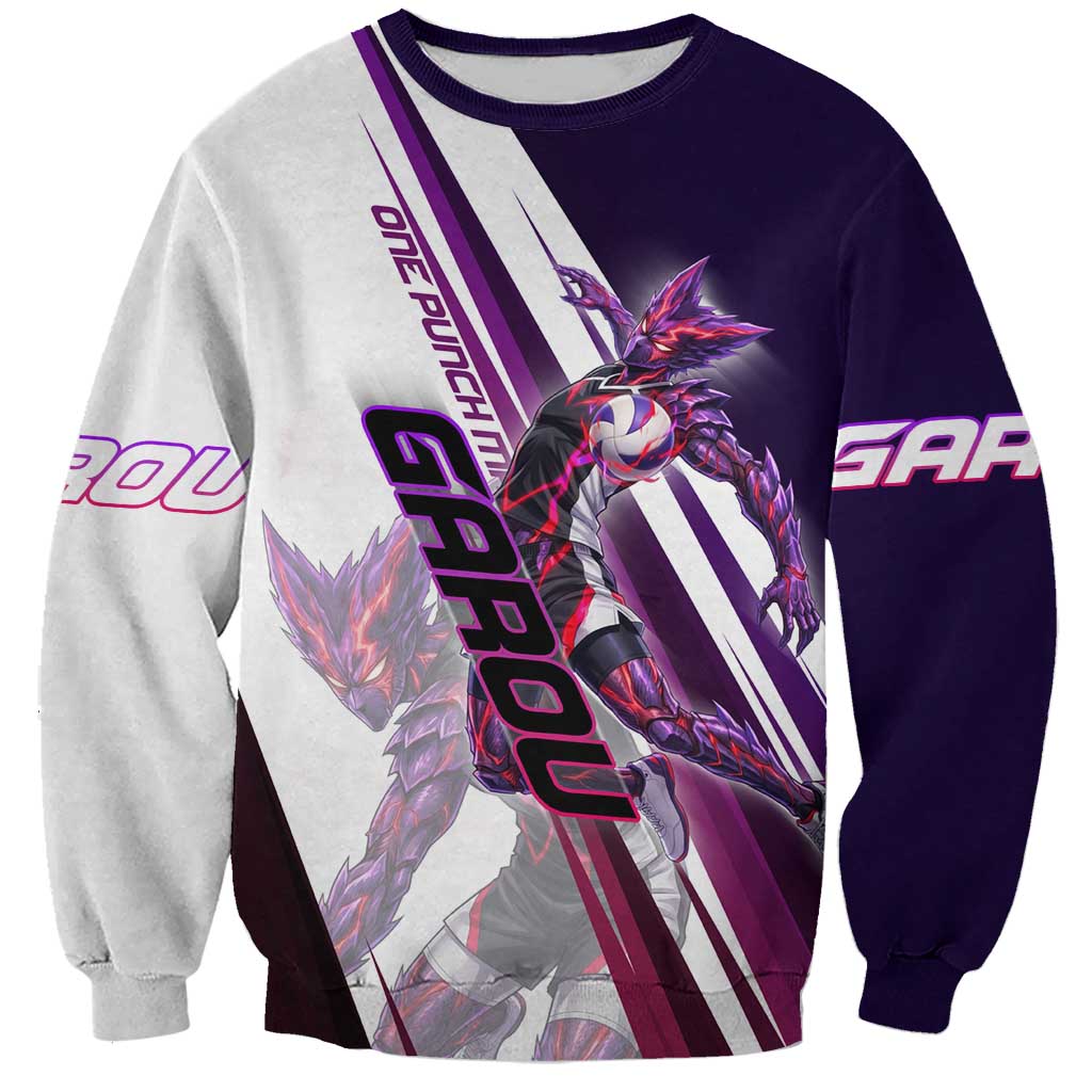 Personalized Garou Monster Volleyball Design Sweatshirt with Dynamic Pose, Purple and White Diagonal Stripes Featuring One Punch Man Anime Theme