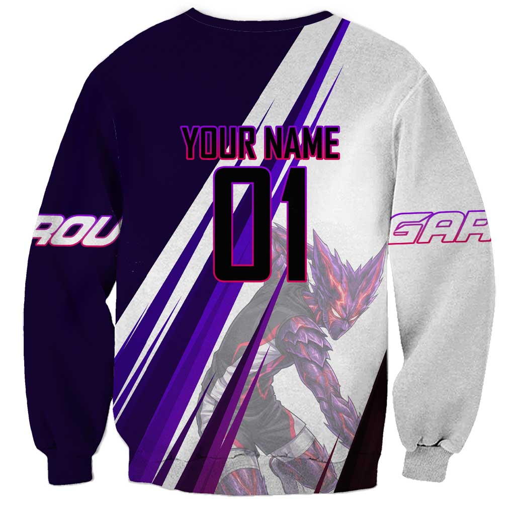 Personalized Garou Monster Volleyball Design Sweatshirt with Dynamic Pose, Purple and White Diagonal Stripes Featuring One Punch Man Anime Theme