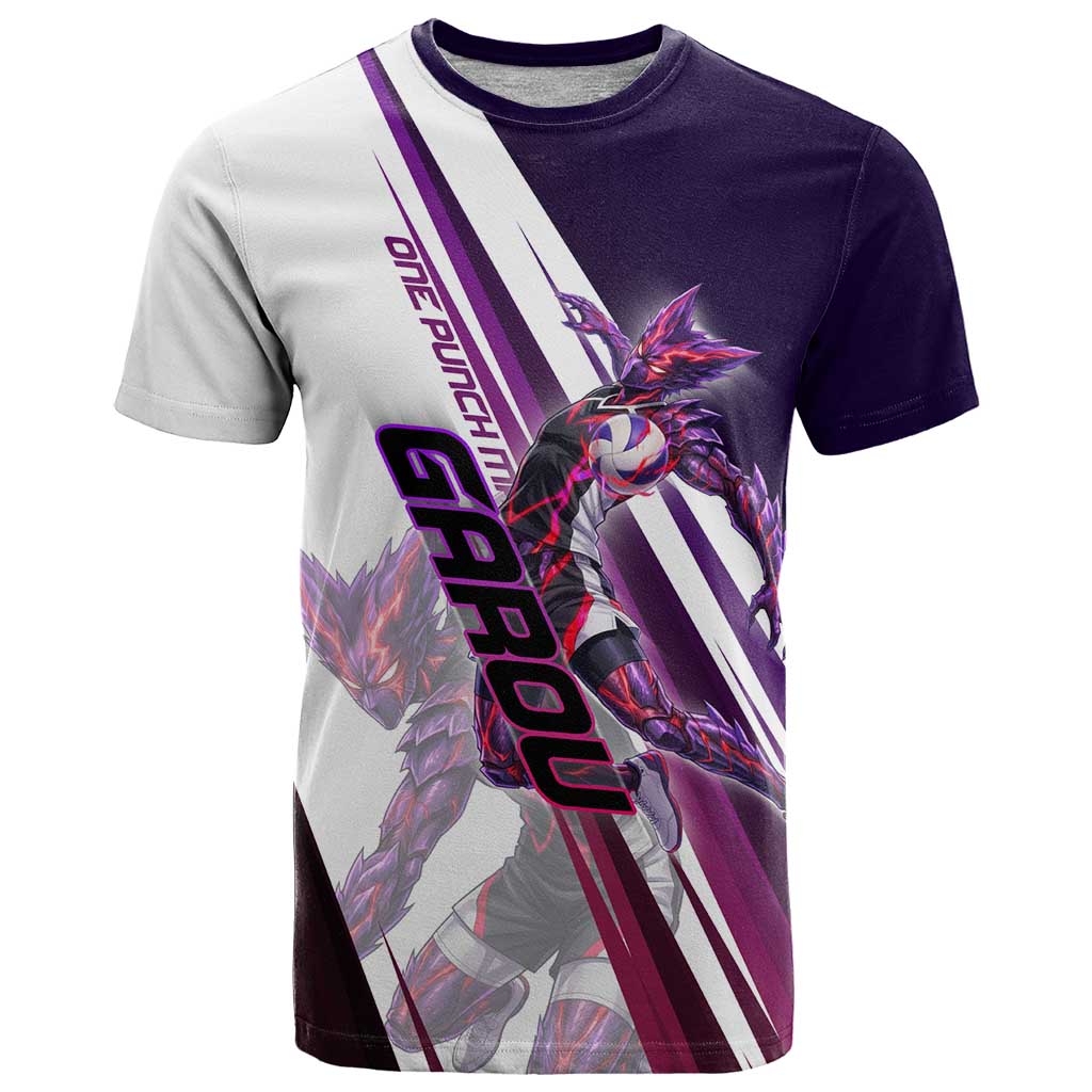 Personalized Garou Monster Volleyball Design T Shirt with Dynamic Pose, Purple and White Diagonal Stripes Featuring One Punch Man Anime Theme